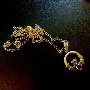 Sterling silver Irish claddagh necklace with ruby stone